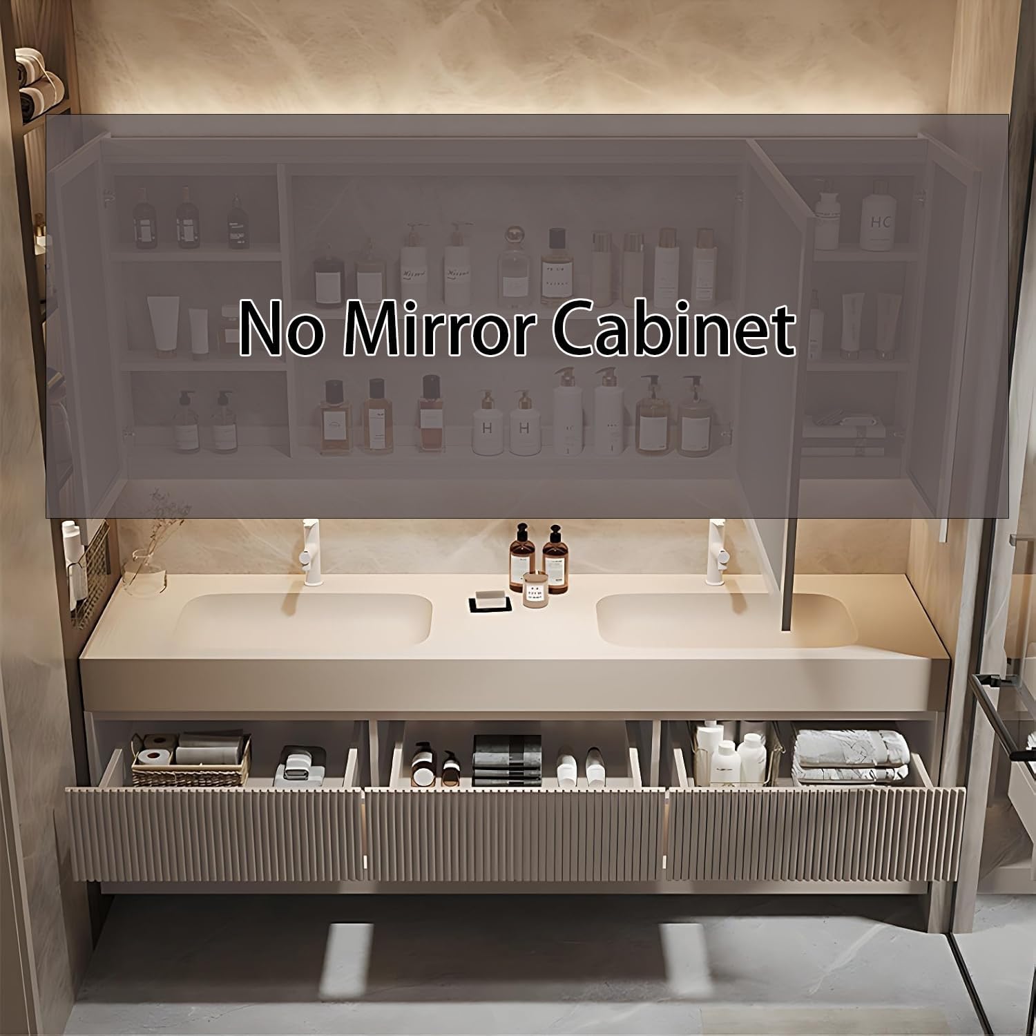 Double Sink Bathroom Vanity - Solid Wood Bathroom Vanity with Smart Defog Mirror ＆ Light, Floating Design with Abundant Storage Space (77.5IN,No Mirror Cabinet, No Sink)