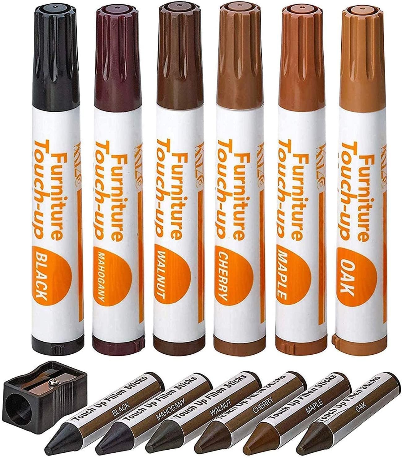 13-Piece Wood Stain and Scratch Repair Kit by Katzco - Furniture Markers and Wax Sticks - Covers Scratches, Stains and Scuffs on Floors, Cabinets and Desks - Includes Sharpener