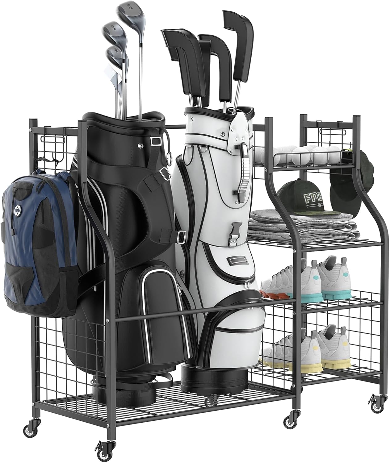 WALMANN Garage Golf Bag Storage Organizer Stand, Extra Large Golf Bag Stand with Golf Accessories Storage Shelves Rolling Golf Bags Organizer
