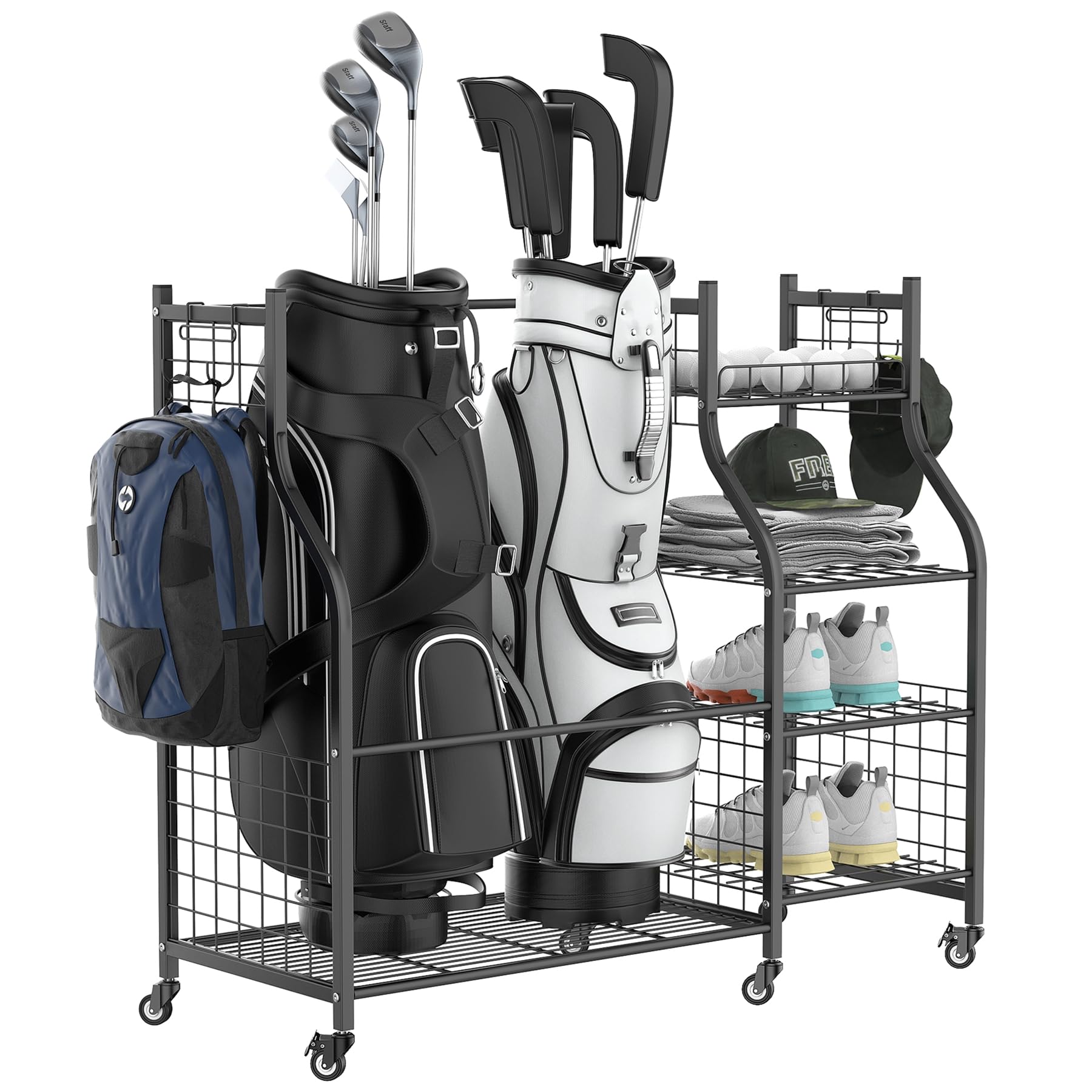 Garage Golf Storage Organizer, Extra Large Golf Bags Stand with Golf Accessories Storage Shelves Rolling Golfing Equipment Organizer