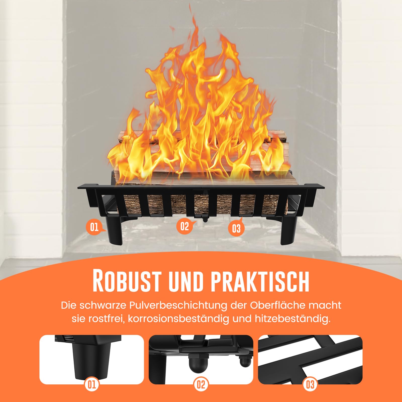 Kaminrost Kaminholz Kaminholzständer 46 x 31 x 13 cm Gusseisen Kaminroste Stabiles feuerrost mit Füßen Metall Feuergitter Kaminholzständer für Innenkamine, Camping im Freien