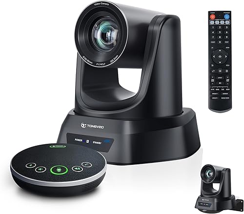 TONGVEO Sistema de cámara de conferencia PTZ de seguimiento automático 4K AI con altavoz Bluetooth y micrófono, zoom óptico 20X, cámara de potencia