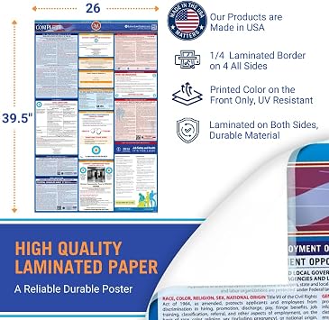 2025 Federal Labor Law Poster - OSHA Workplace Compliant & Required - Current with Mandatory Updates for 2024 - UV Laminated & Waterproof - 20 x 26