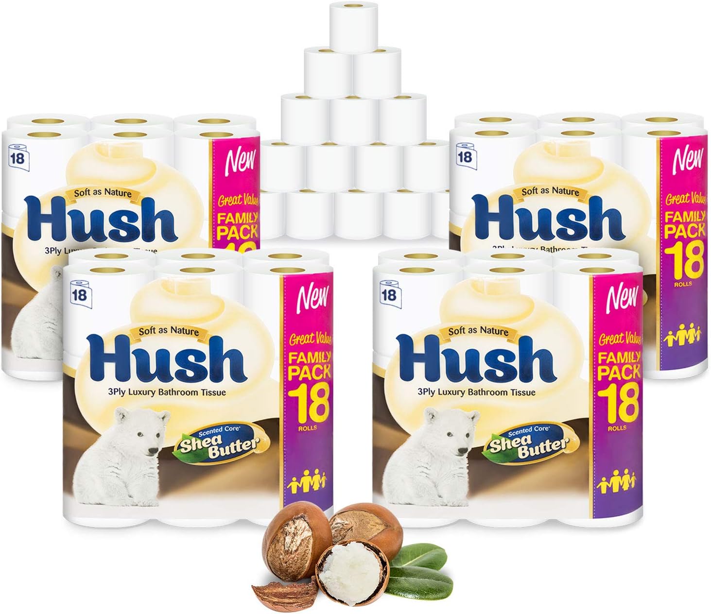 Hush Luxury 3-Ply Tissue Paper Rolls, Ultra Soft & Strong Tissue Paper Rolls - 36 Toilet Rolls (Shea Butter)