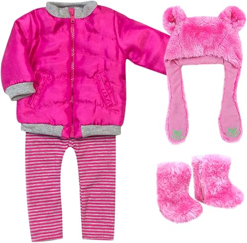 Sophia's Muñeca de 18 pulgadas, 4 piezas. Traje de invierno con chaqueta de nailon rosa intenso, sombrero y botas de piel sintética de oso y