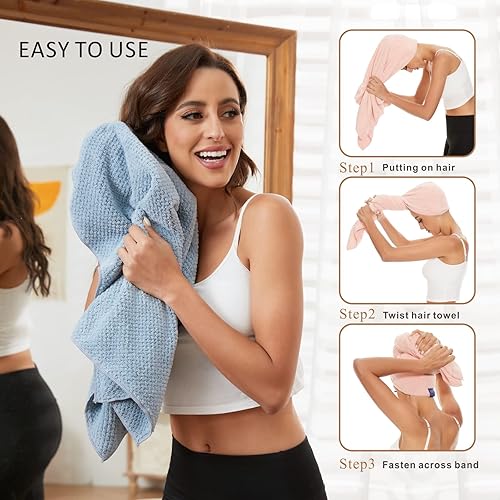 Miniatura 18 de Toalla grande de microfibra para mujer, toalla de secado de cabello antiencrespamiento con correa elástica, secado rápido, súper absorbente, Gris