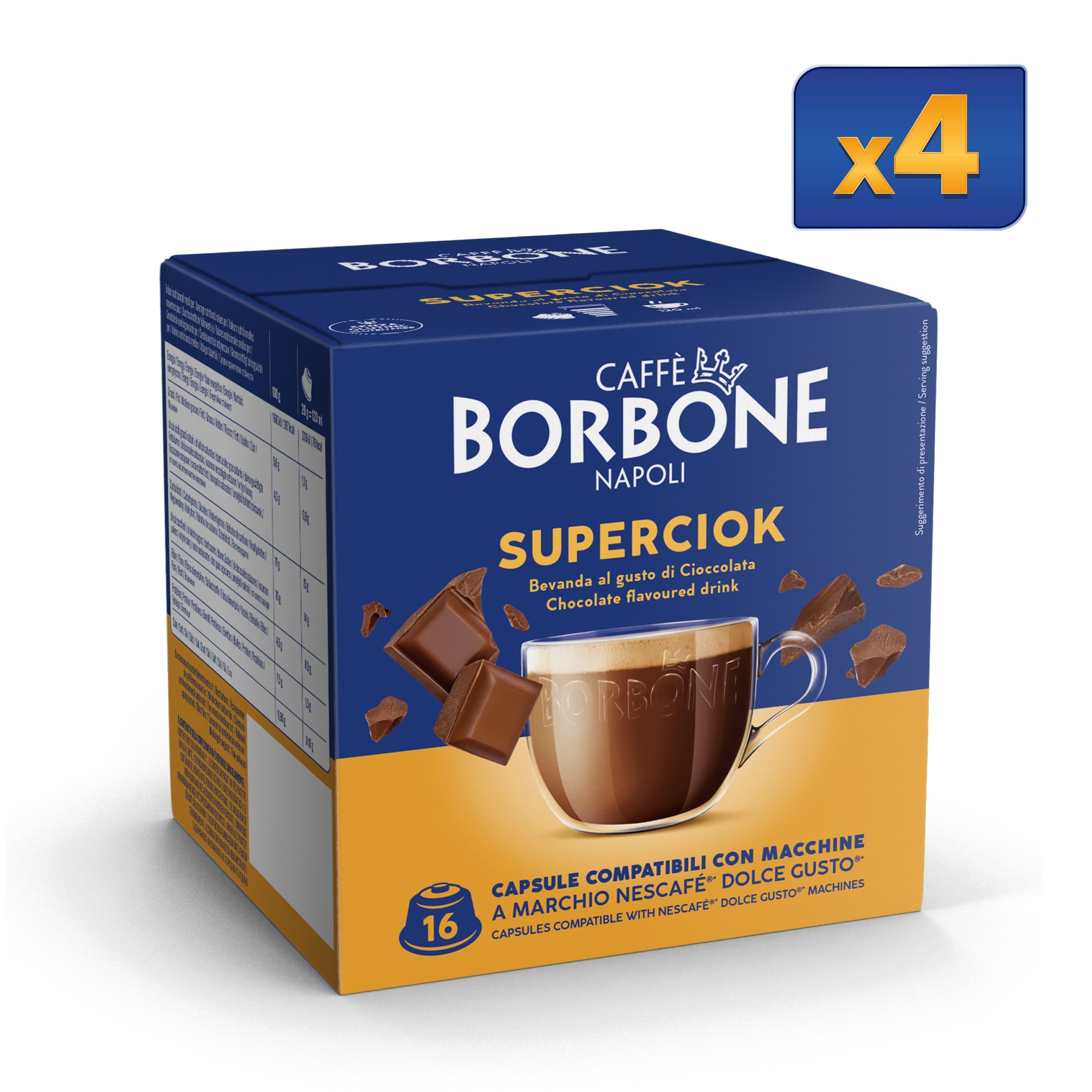 CAFFÈ BORBONE 128 cápsulas para máquinas Dolce Gusto® - Kit surtido: 64 cápsulas de bebida con sabor a chocolate (4 paquetes de 16) + 64 cápsulas de té con limón (4 paquetes de 16)