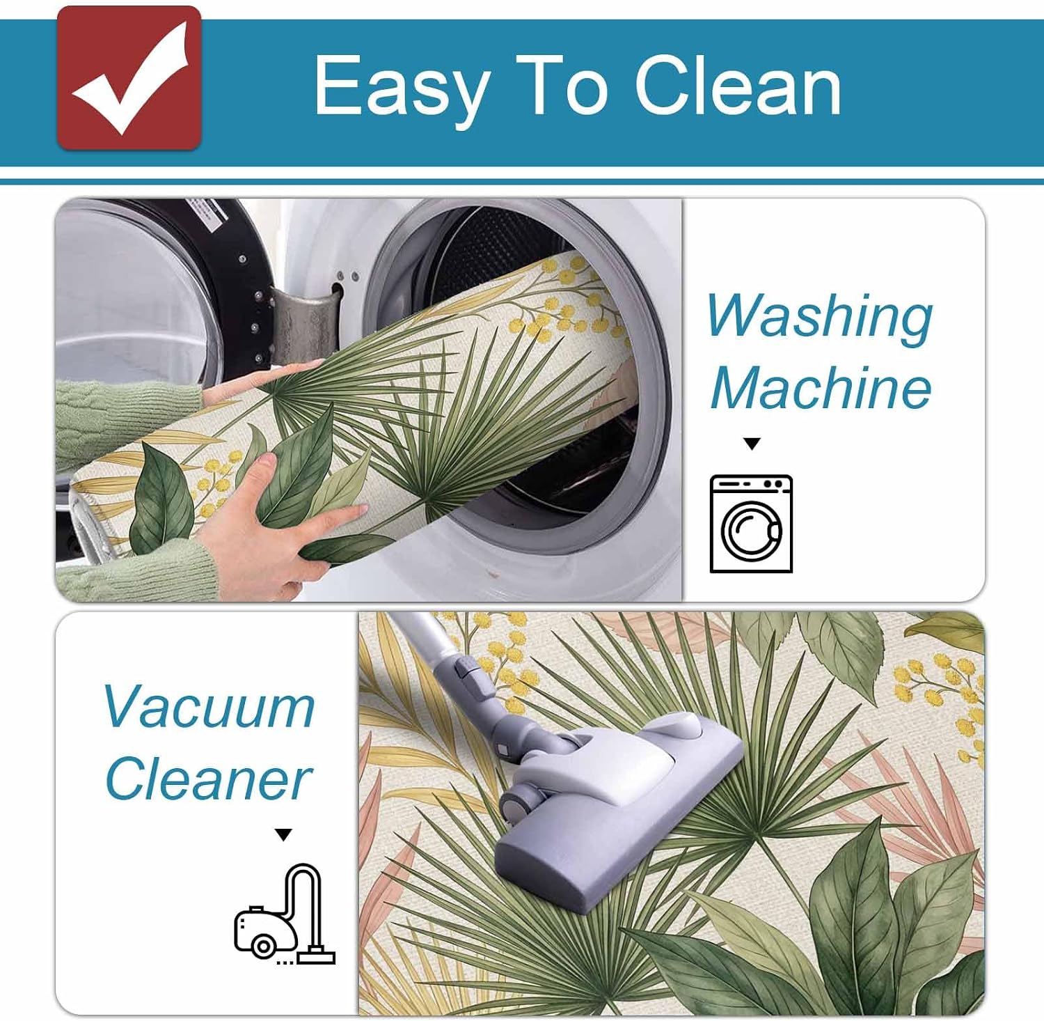 Prime Leader Green Pink Yellow Leaf Kitchen Mat Set 2 Pieces Watercolor Summer Palm Leaf Beige Non Slip Kitchen Rugs Washable Runner Rug Mats for Floor Sink Laundry Office 23.6" x 35.4"+23.6" x 70.9"