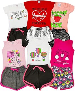 Kit Com 6 Conjuntos Infantil 3 Manga Curta + 3 Regatas Roupas De Menina Infantil 1-2-3-4-6-8 Anos Tamanho:T6