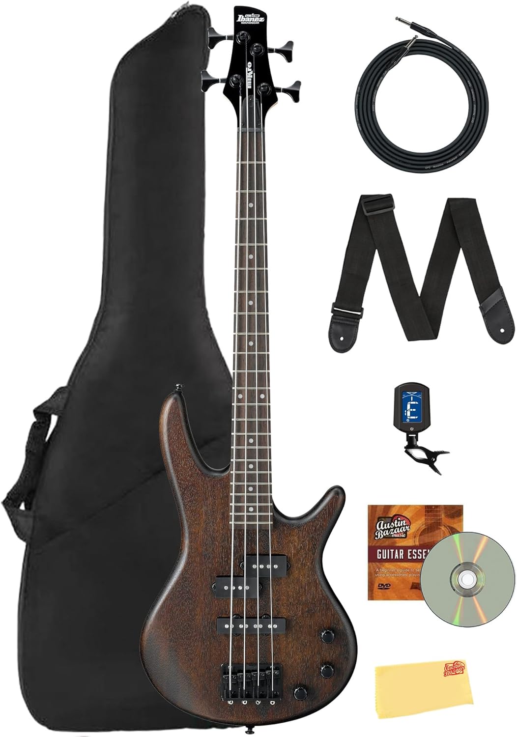 Ibanez GSRM20B SR Gio miKro Short-Scale Bass Guitar - Walnut Flat Bundle with Gig Bag, Tuner, Strap, Cable, Austin Bazaar Instructional DVD, and Polishing Cloth
