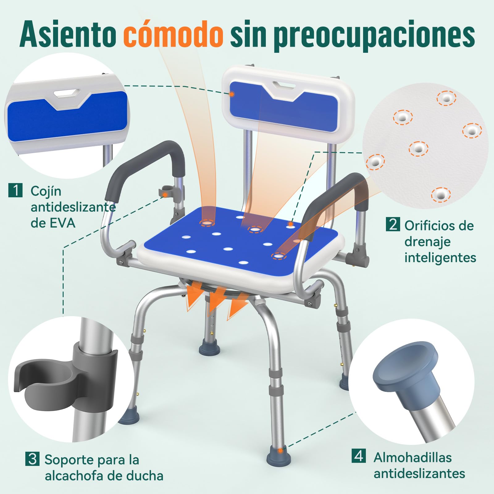 Silla de Ducha Giratoria 360° – Silla de Ducha Ajustable con Respaldo y Reposabrazos Abatibles, Taburete de Ducha Antideslizante de Aluminio para Mayores y Personas con Movilidad Reducida
