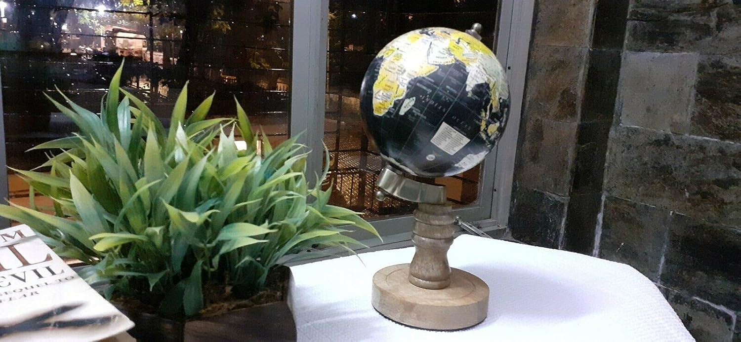 Vintage Round Wooden Brass Black Rotating Globe for School, Office and Study Room