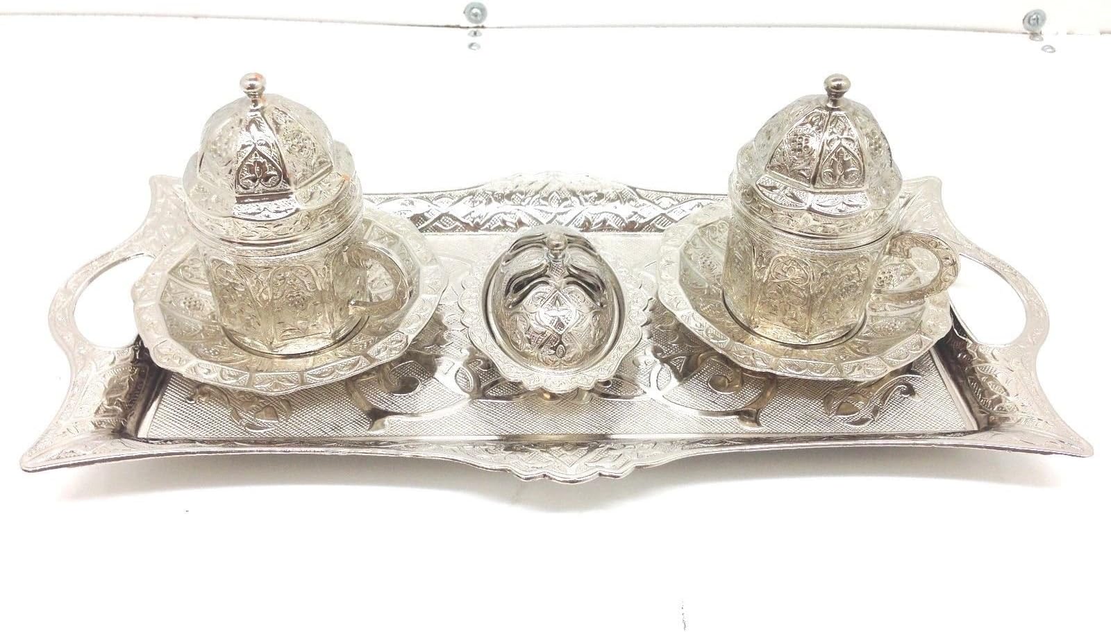 Ottoman Style Turkish Coffee Set, Espresso Copper Set of 2, Silver Color