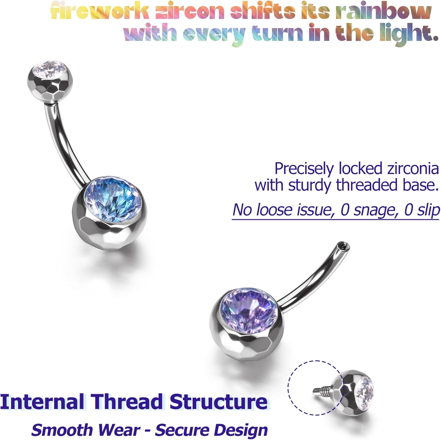 BodyBonita Color-Shifting Zircon Belly Button Ring 14G, G23 Titanium Internally Threaded Belly Button Piercing, Curved Barbell Belly Rings, Navel Rings for Women with 10/12/14/16mm Bar, Silver - Image 5