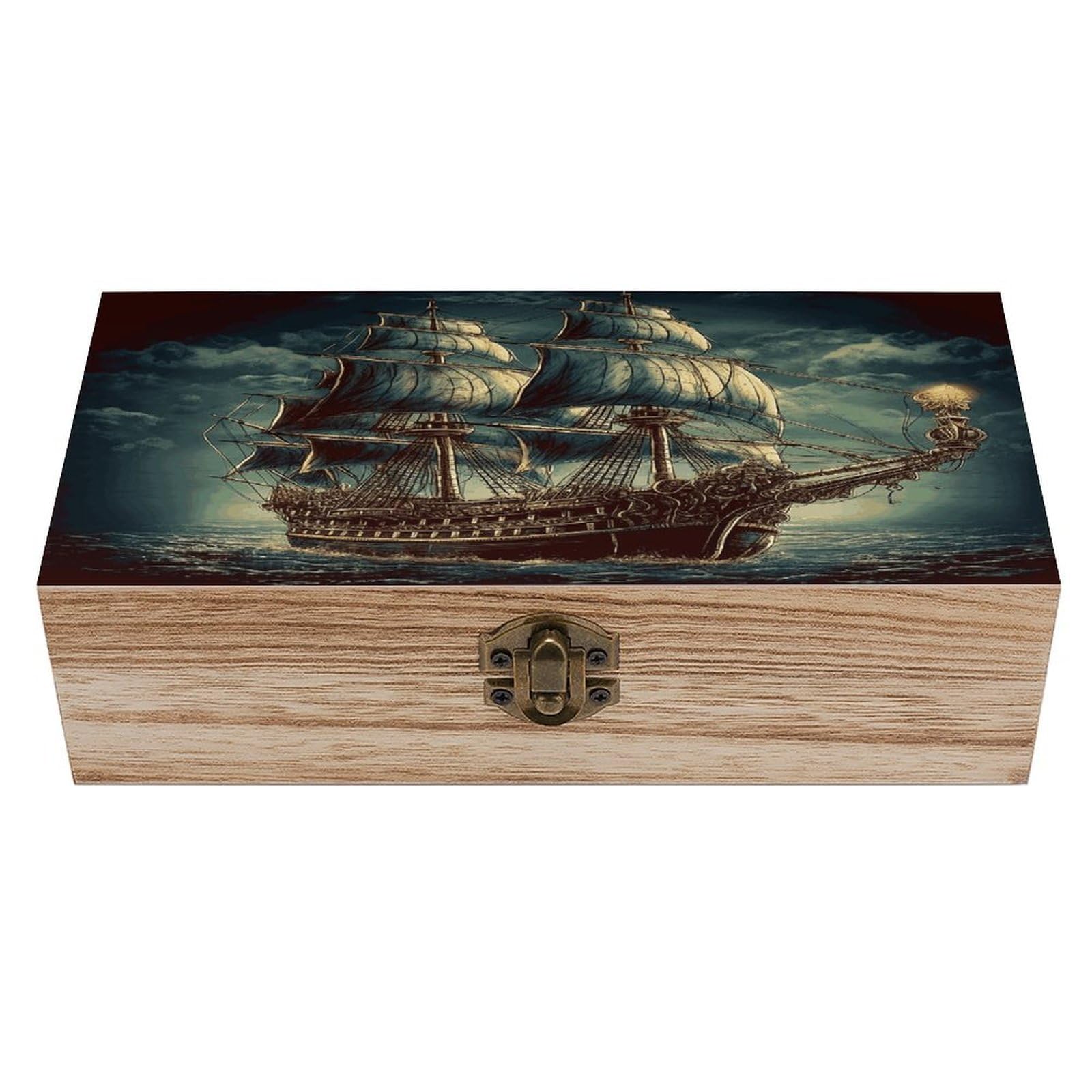 VstaDank Nautical Vintage Sailing Pirate Ship Wooden Storage Box Decorative Jewelry Case with Lids Exquisite Wood Box Letters Gifts Acacia Wood Boxes Fashion Wooden Keepsake Boxes for Men Women