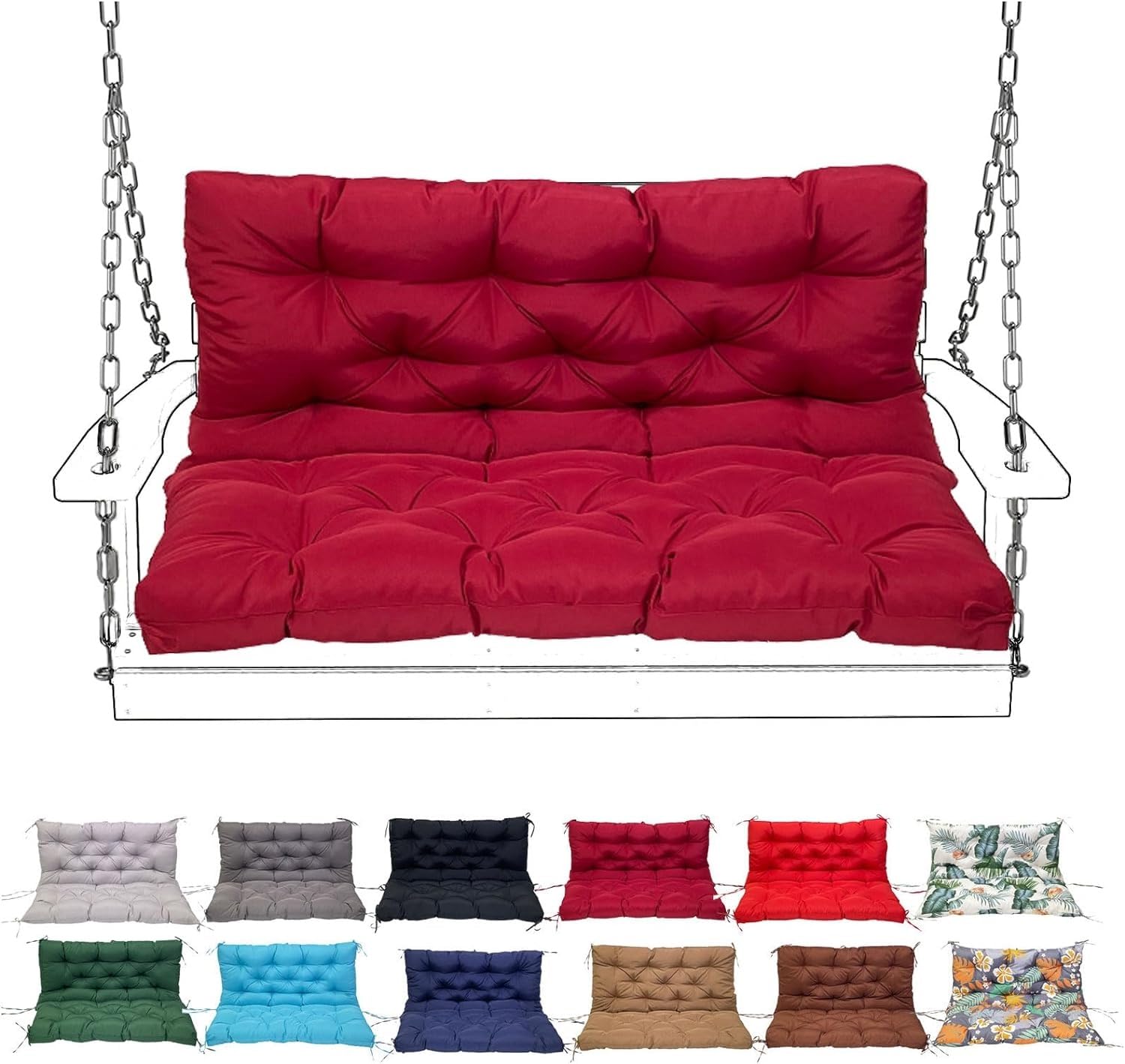 SDNAM Porch Swing Cushion with Backrest, Waterproof Bench Cushion for Outdoor Furniture, Cotton Fill, 2-3 Seater, 150X100CM/59X39IN