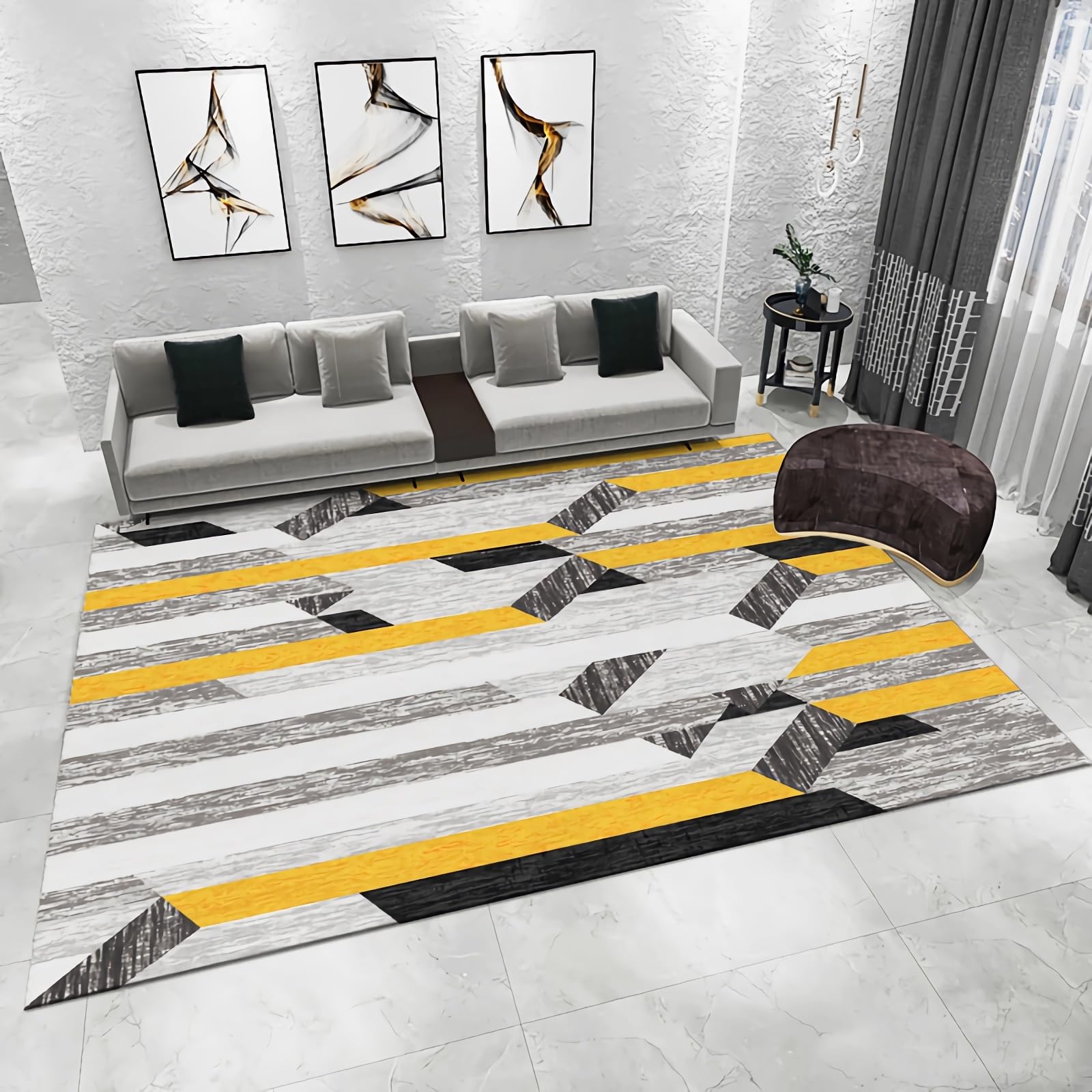 Tapis de salon géométrique jaune gris noir avec accessoires chambre