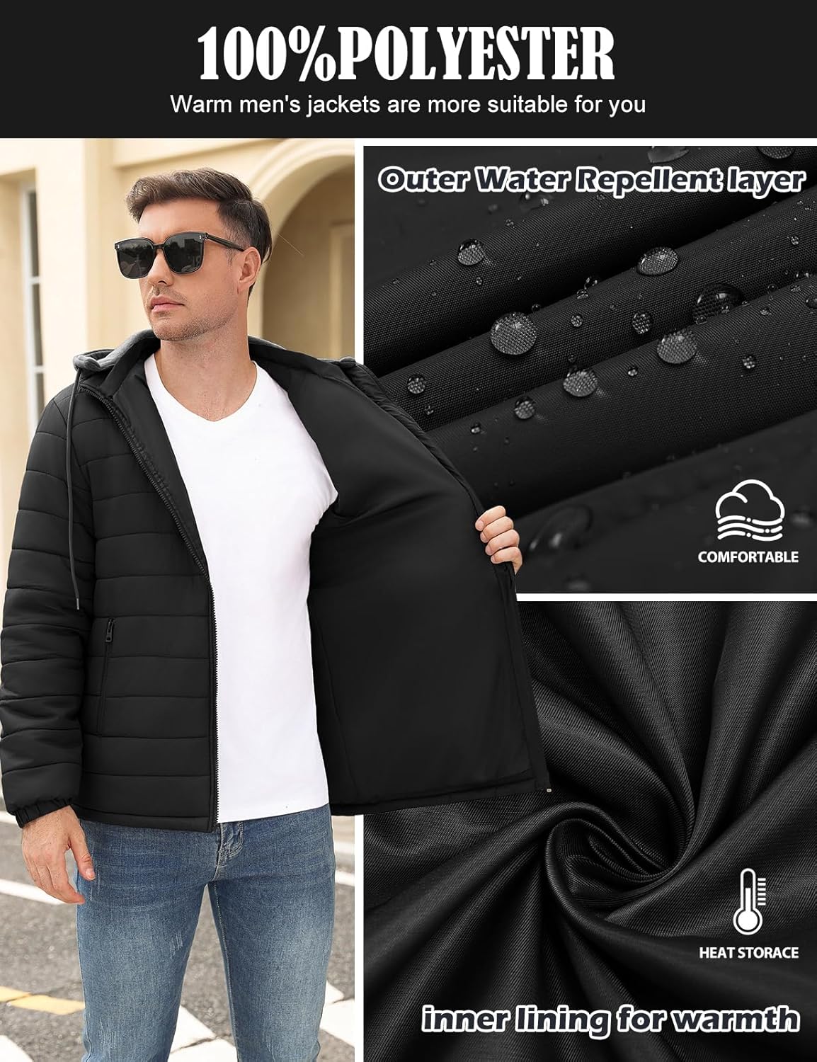 Yusongirl Mens Lightweight Puffer Jacket Winter Casual Quilted Coat with Detachable Hood Water Resistant Insulated Puffy Coat - Image 6