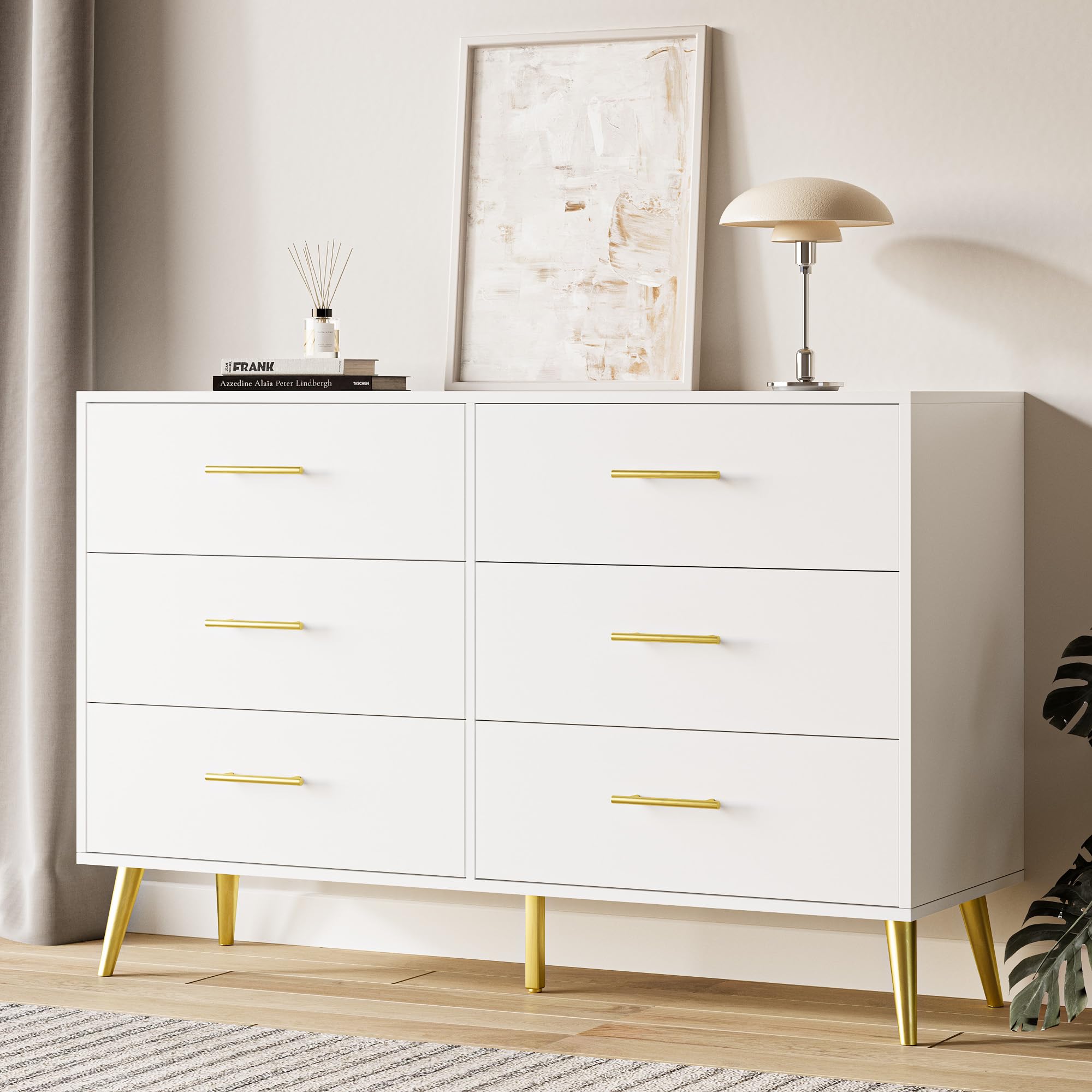 White Dresser for Bedroom, 6 Drawer Dresser with Gold Metal Handles & Metal Legs, Wood Chests of Drawers for Bedroom