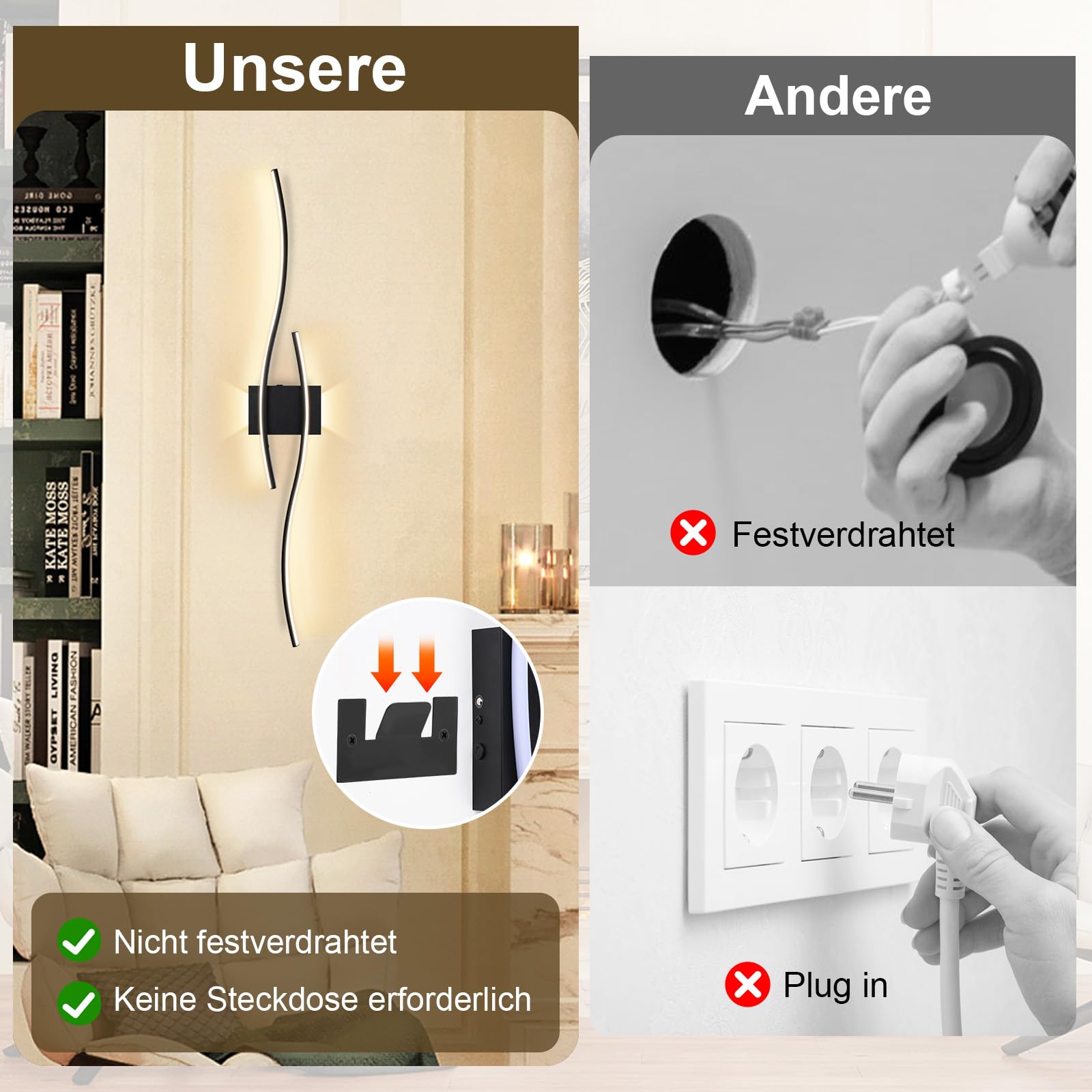 LED Wandleuchte Innen,Akku Wandlampe Innen mit Fernbedienung Modern Wandlicht mit Dimmbar&Timing-Funktionen Kabellose Wandleuchte für Wohnzimmer Schlafzimmer Flur Treppen,2 Stück, 100CM