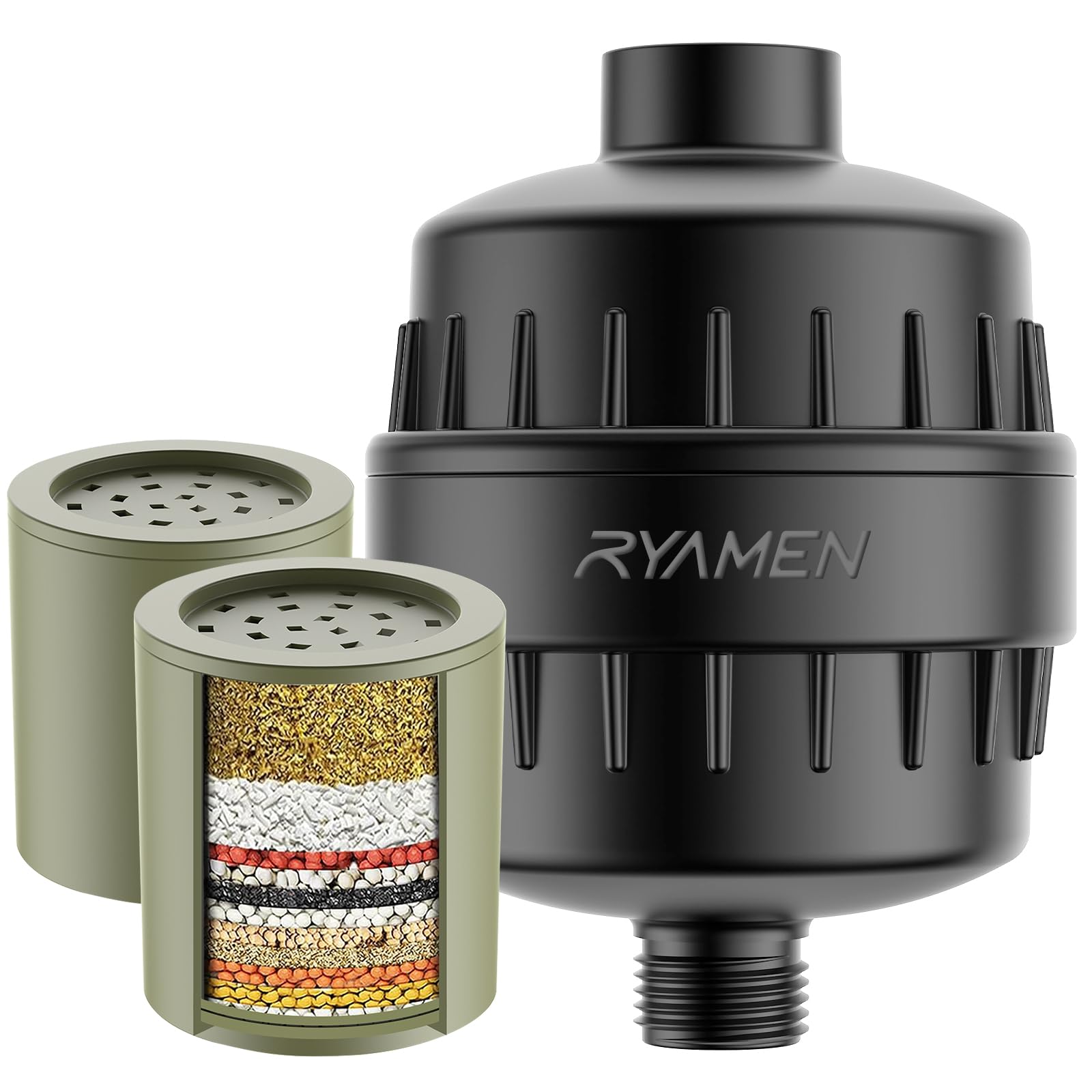 Ryamen Heavy Duty Shower Filter, Shower Water Filter, 99% REMOVAL Shower Head Filter for Hard Water, Heavy Metals, Chlorine (2 Cartridges, Black)