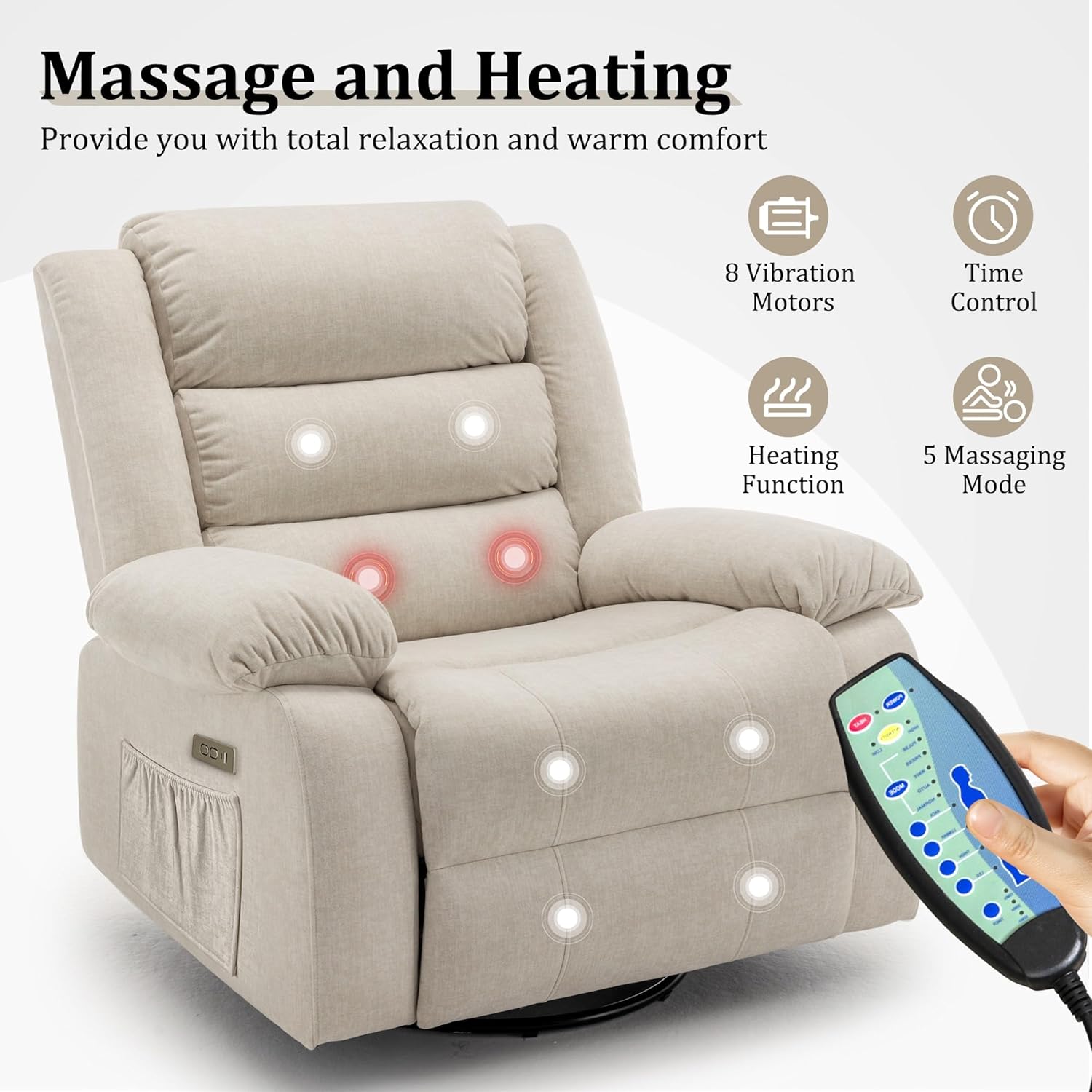 Korser Power Recliner Chair, Electric Rocker Recliner with Massage and Heat, 270° Swivel Glider, Oversized Wide Seat with USB Port, Cashmere Nursery Chair for Living Room, Beige