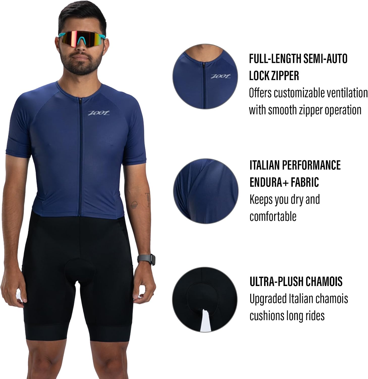 Zoot Men’s Core Tri Aero FZ Racesuit, Short Sleeve Moisture-Wicking Triathlon Suit, Plush Chamois & Storage for Race Day