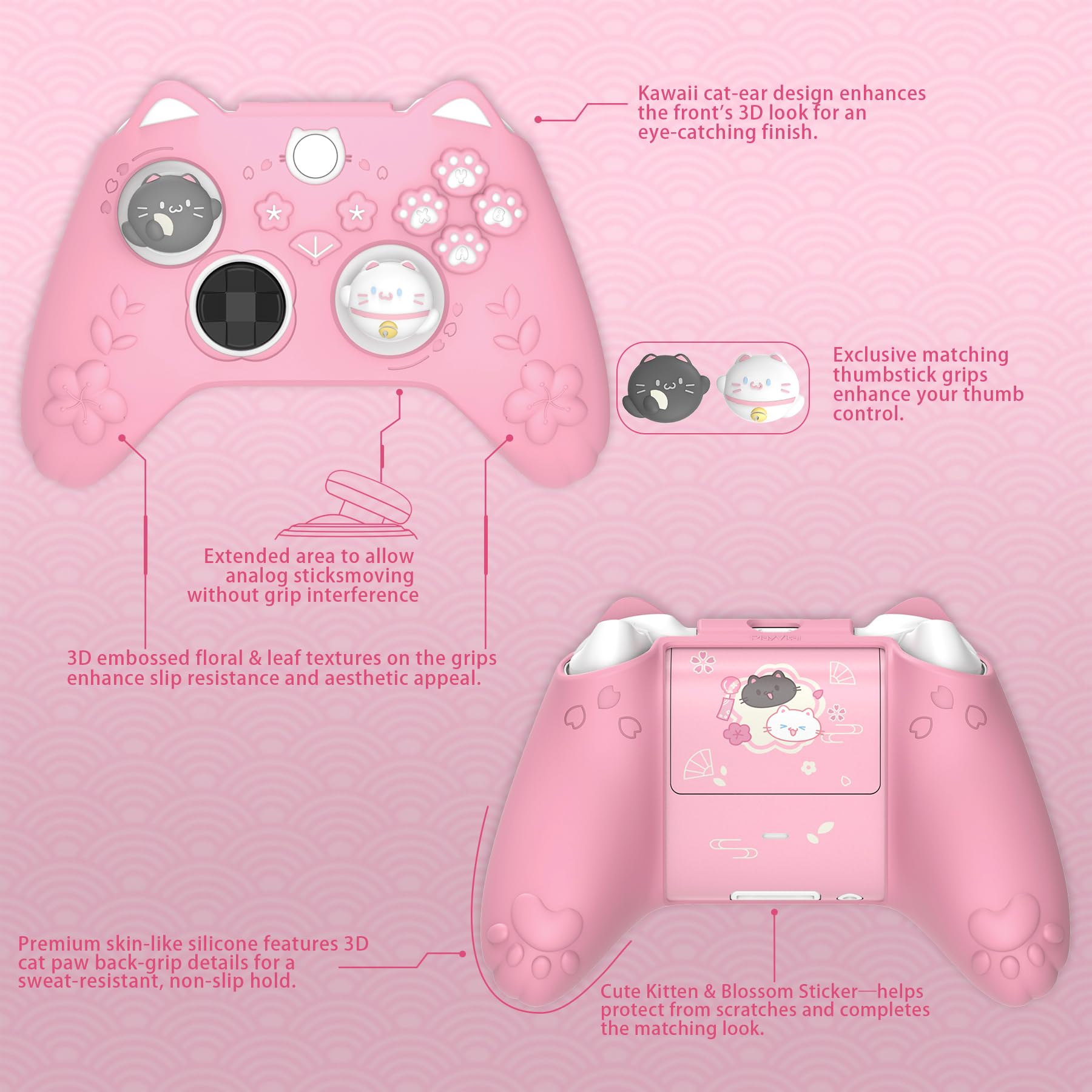 PlayVital Cute Silicone Controller Skin for Xbox Series X/S - Cherry Blossoms Kitten Anti-Slip Grip Protector W/Thumb Grips & Sticker - Soft Rubber Cover for Xbox Core Wireless Controller - Pink - 5