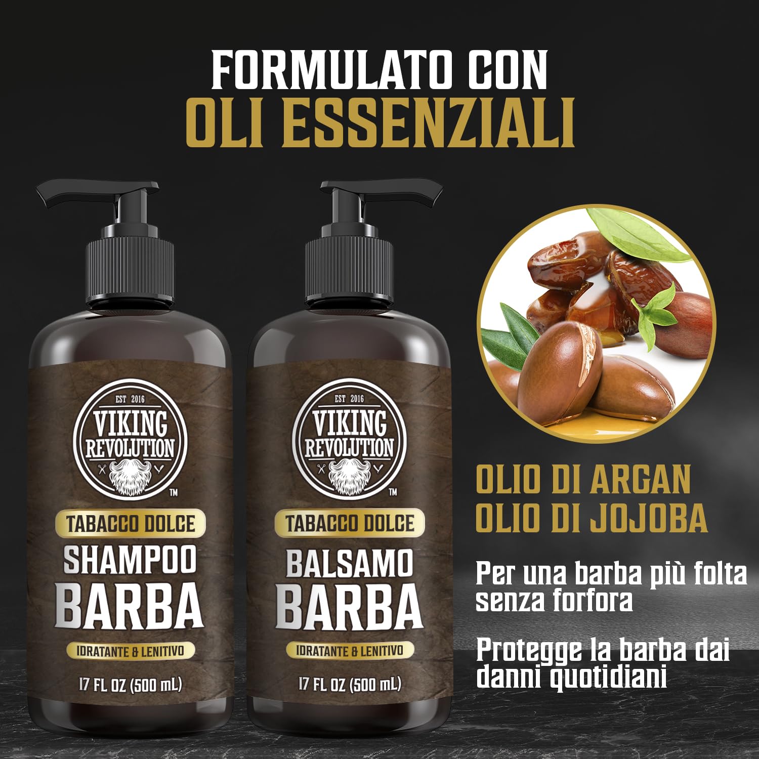 Viking Revolution - Shampoo Barba Uomo - Include Balsamo con Oli di Argan e Jojoba - Ammorbidisce, Lenisce e Rinforza la Barba - Tabacco Dolce - 2 x 500 ml