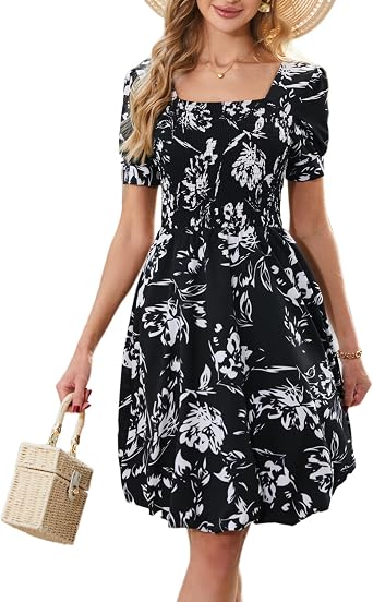 Womens Elegant Floral Puffy Dress with Square Neck, Elastic Bust & Waist, Summer Travel & Bohemian Style