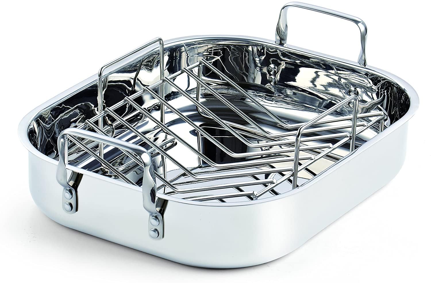 Stainless Steel Roaster Pan with V-Shaped Rack, Inner 14-Inch x 11-Inch; Edge 15-Inch x 12-Inch; Turkey Roasting Pan Bakeware for Oven, Rectangular