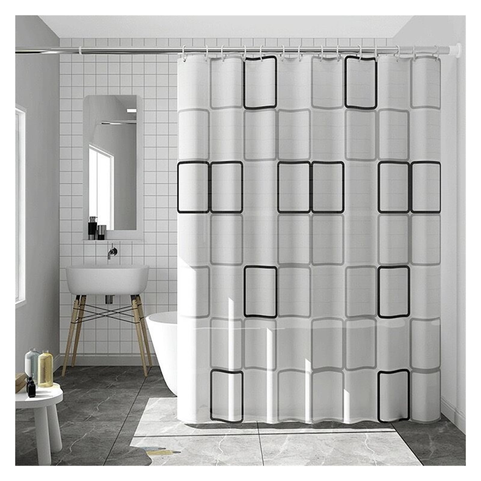 PIGENEQW Shower Liner Cloth Waterproof Black White Shower Curtain Waterproof Bathroom Decor with Heavy Duty Hooks(80X180cm)