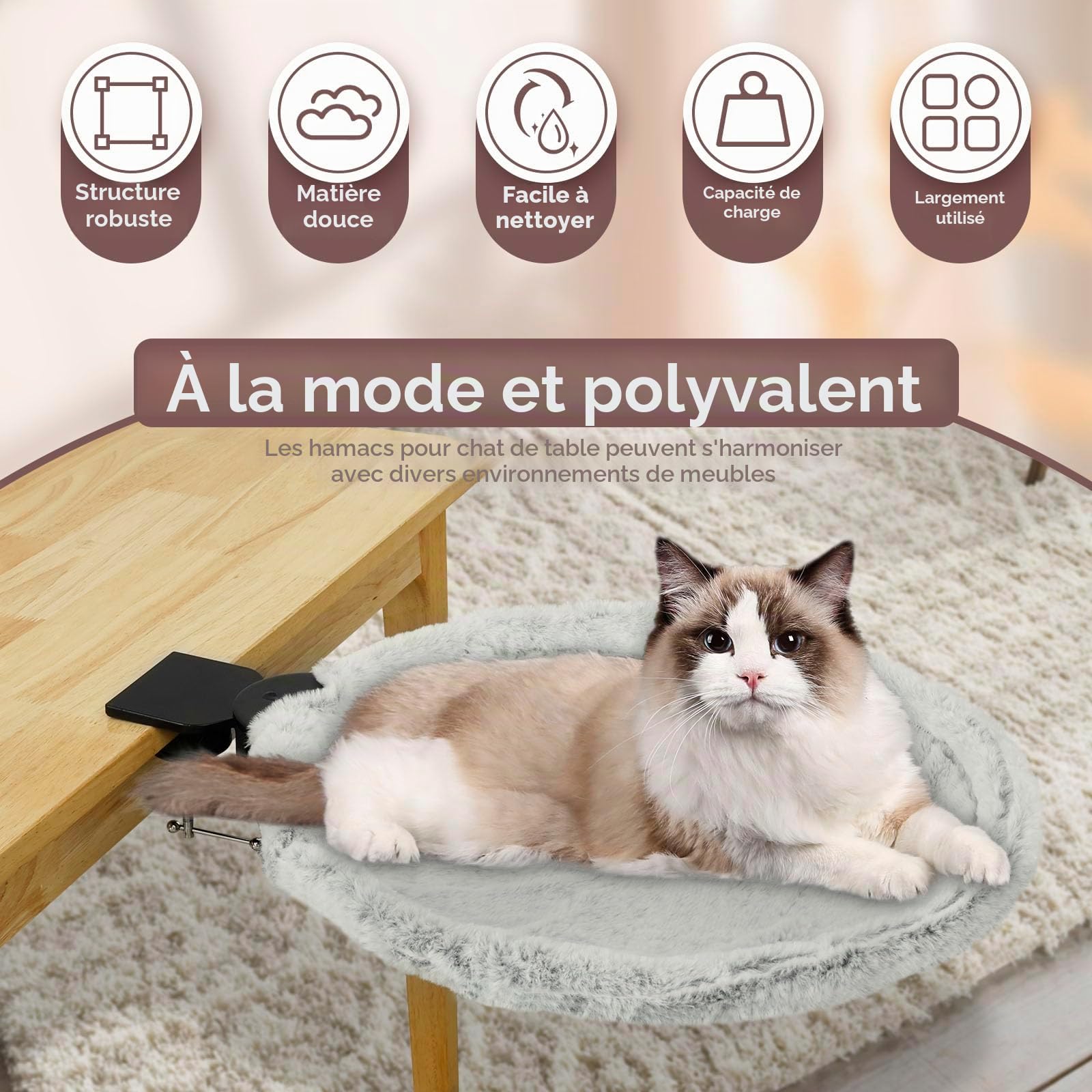 Hamac en peluche pour chat - Forte capacité de charge confortable - Lit de bureau pour chat - Support stable - Peu encombrant - Hamac de fenêtre - Lit suspendu pour chat jusqu'à 18 kg (gris)