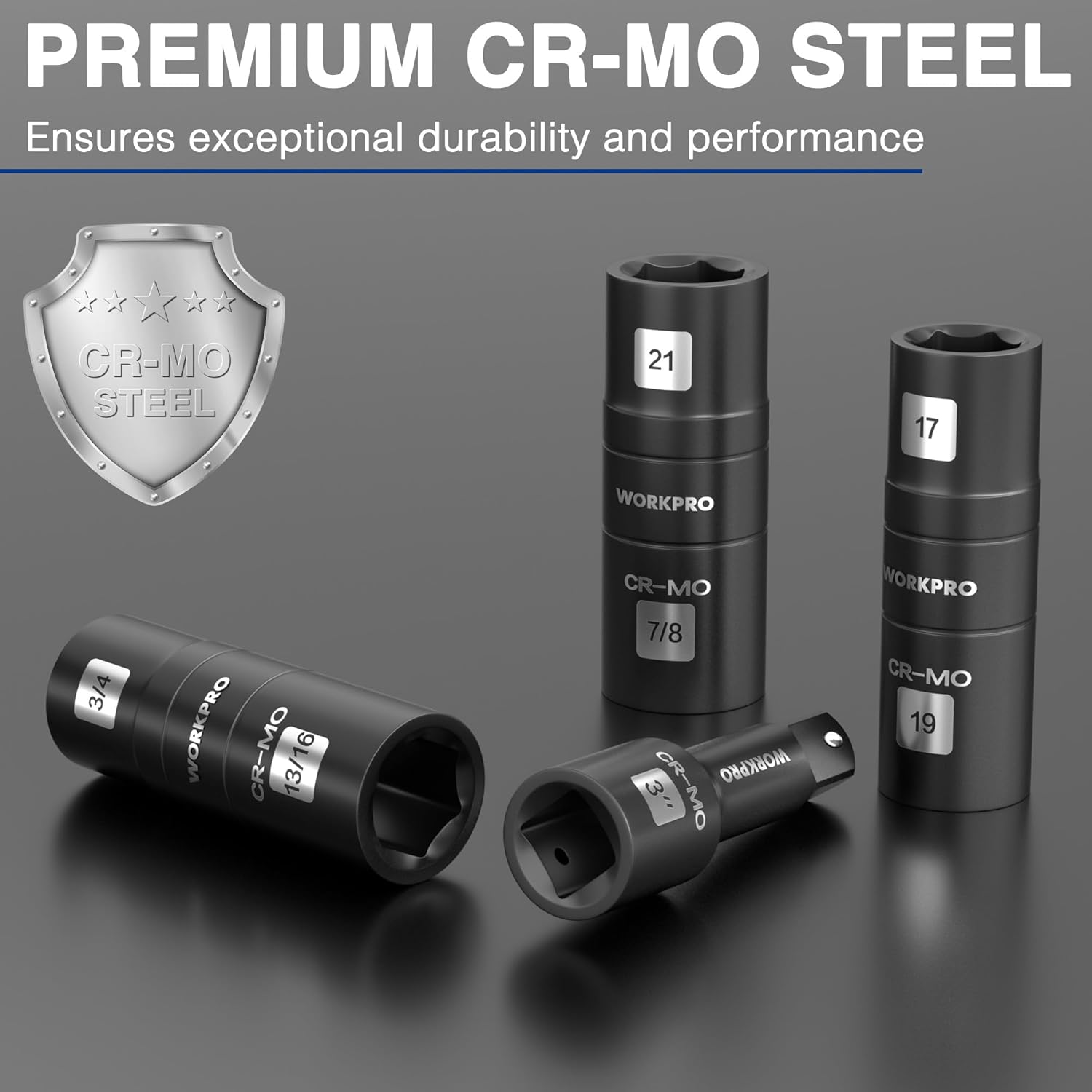 WORKPRO 4PCS Impact Socket Set 1/2" Drive, Lug Nut Socket Set, Wheel Socket Set Cr-Mo Steel, Includes 1PC 3" Extension Bar & 3PSC Flip Sockets of 6 Metric and SAE Sizes