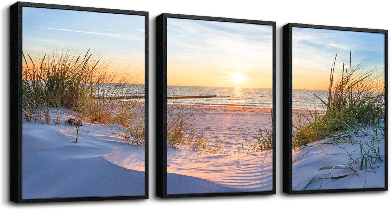 Black Framed Beach Wall Art Set - Blue Seascape Paintings for Living Room, Bedroom & Office - 12"X16" Each