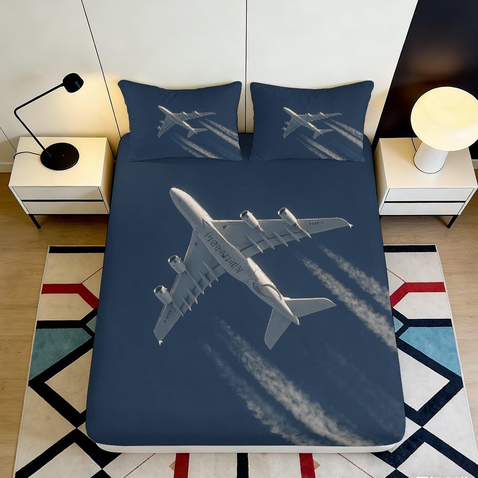 3D Printed Airplane Fitted Sheet Microfiber Soft Breathable Contrail Bed Cover for Bedroom Dormitory Guest Room Mattress Protection Decor 120x200x25cm