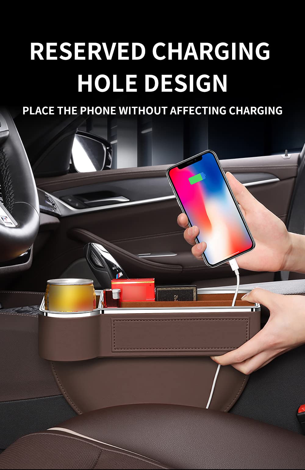 ontto Borsa Universale per seggiolino Auto con Fessura in Pelle PU Tasche Laterali Organizer per Sedile Auto Imbottitura Spazio per la Console Contenitore per Monete con Foro per Cavo USB Rosa