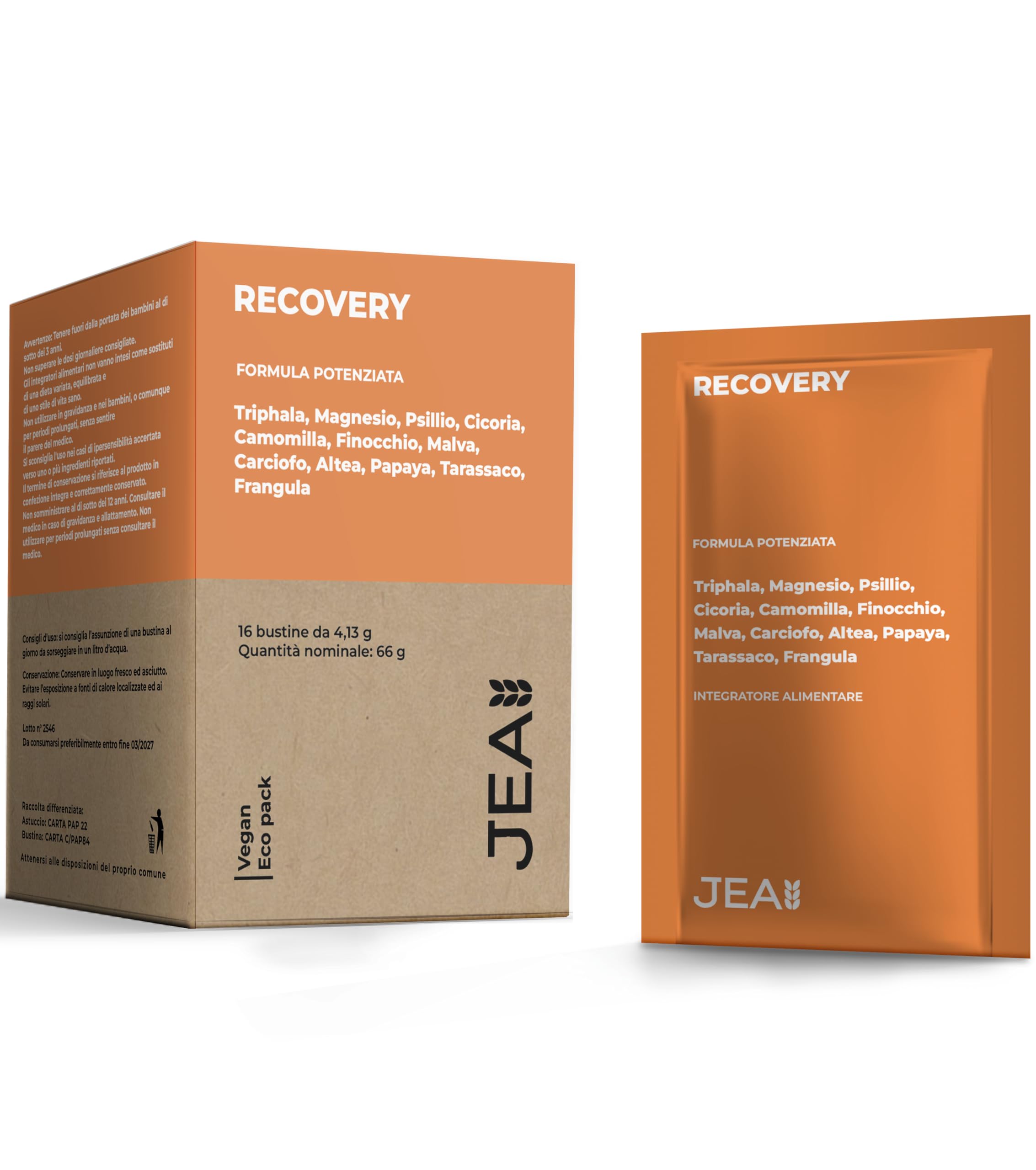 Jea RECOVERY Integratore Naturale per Regolarità Intestinale e Gonfiore - Formula Lenitiva con Psillio, Triphala, Malva e Camomilla - Depurativo Detox - 16 Bustine in Carta FSC