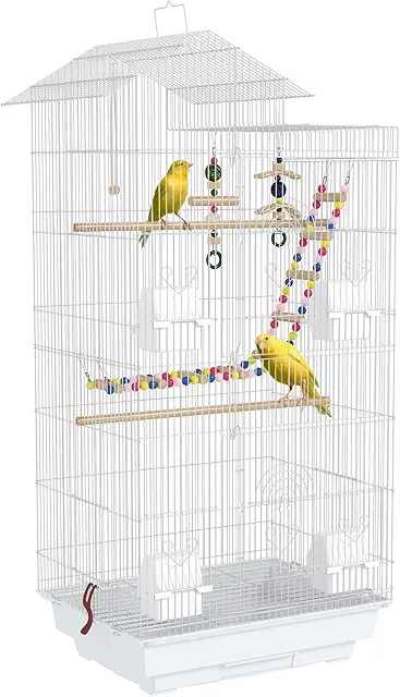 PawHut Jaula para Pájaros Pajarera con Múltiples Puertas 4 Comederos 3 Perchas Columpio Escaleras y Bandeja Extraíble para Loros Canarios Periquitos 46x36x100 cm Blanco