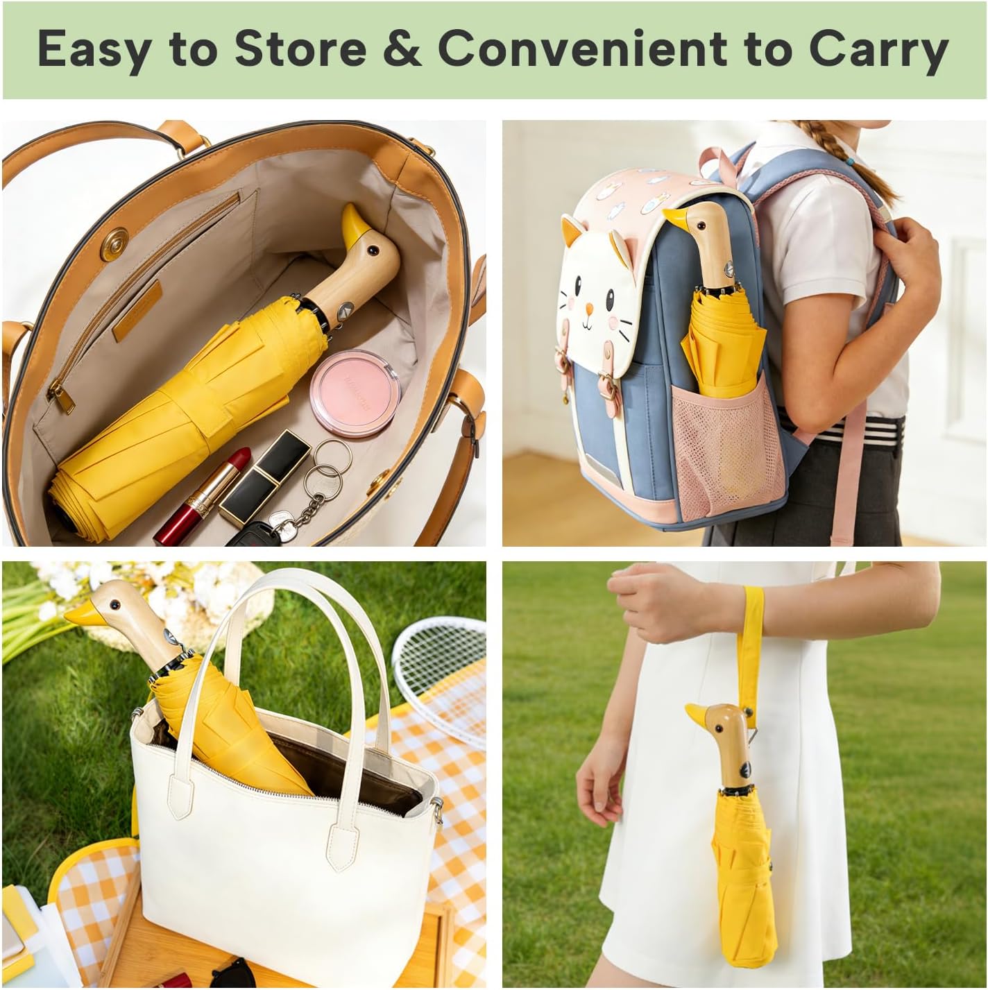 Cute Duck Umbrella Automatic - Compact Collapsible Small Umbrella Yellow Wooden Duckhead Umbrellas for Girls and Women