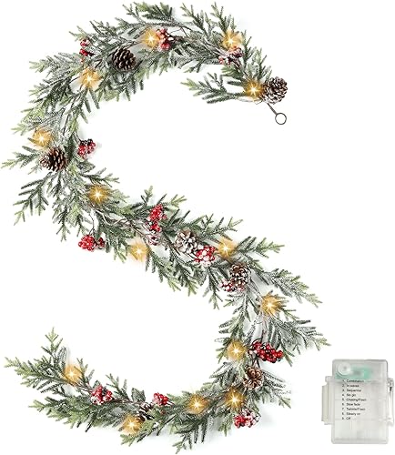 Guirnalda de Navidad de 6 pies con luces  Guirnalda de Navidad artificial preiluminada, guirnalda flocada con bayas rojas piñas para decoración, disponible en Yaxa Costa Rica