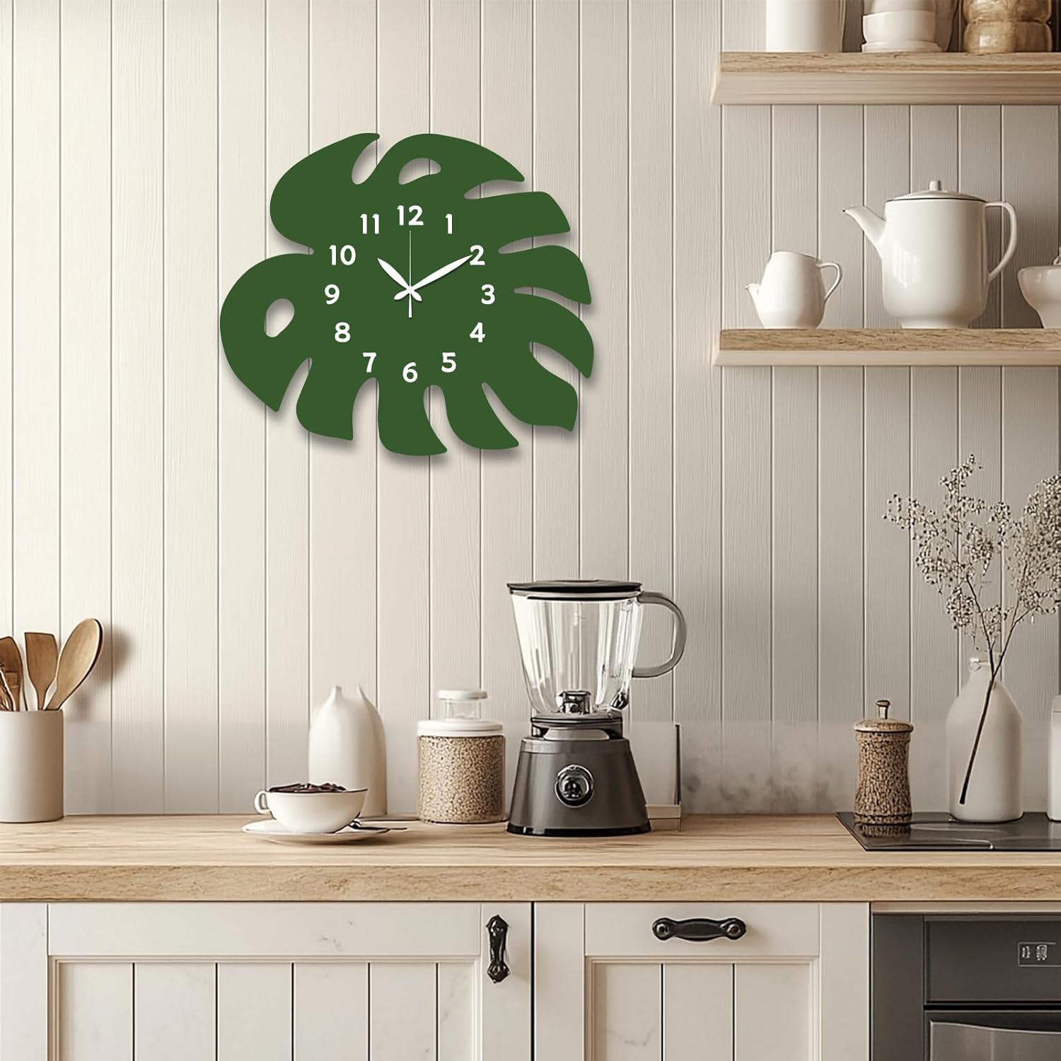 CHGCRAFT Monstera Deliciosa Wall Clock Giant Bamboo Non-Ticking Clock Irregular Shape Decorative Clocks Printed Wall Clocks for Home Office Decoration,15×12.9 inch