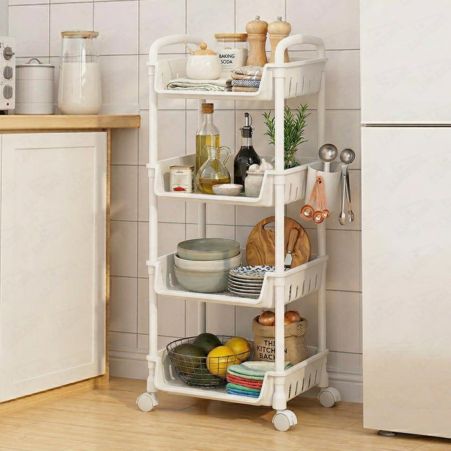 lukzer 4-tier plastic rolling storage cart with wheels | multipurpose utility trolley organizer with basket shelves & side holder & hooks for kitchen, bathroom, laundry & office (white/26x34x103 cm)