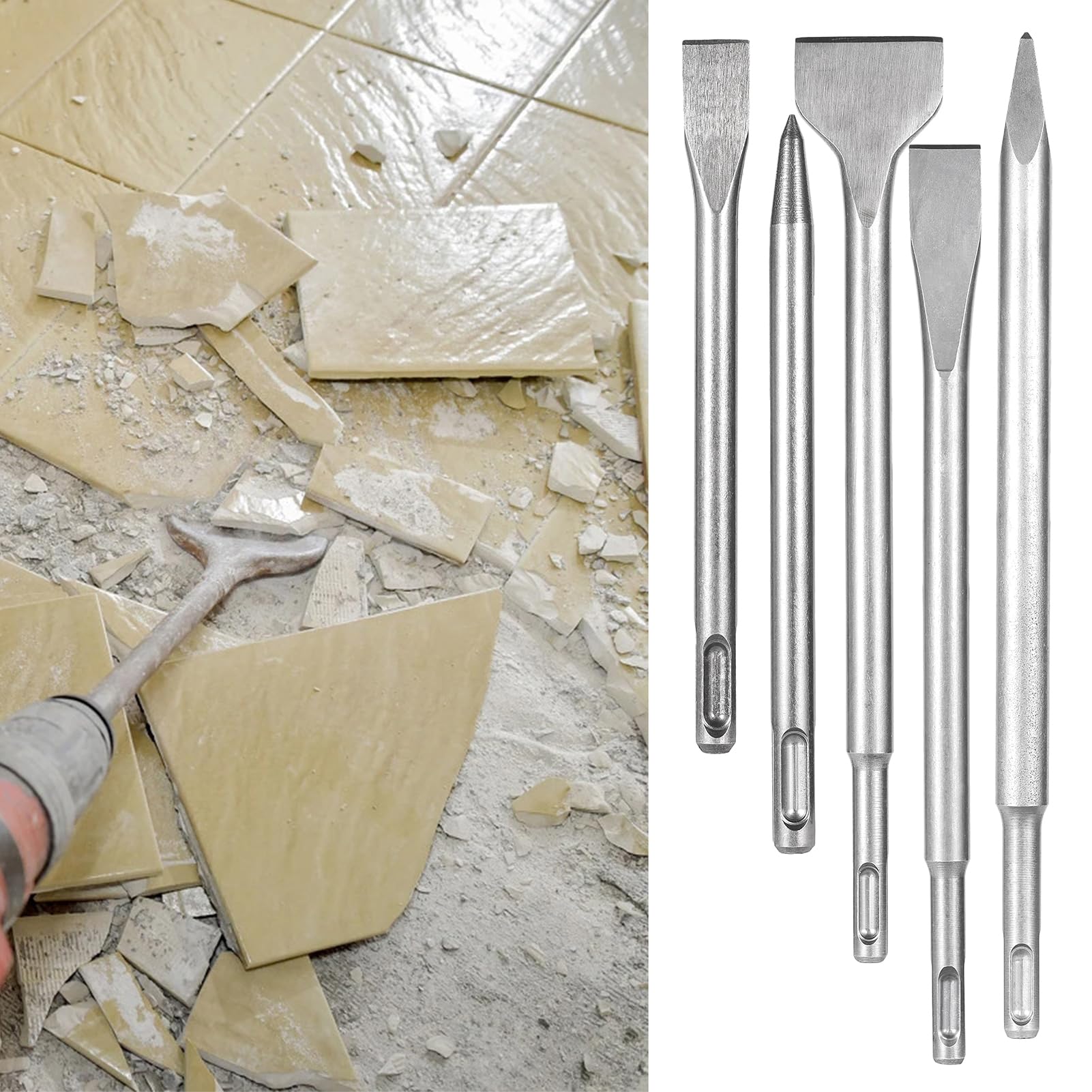 HPMAISON SDS Plus - Juego de cinceles 5 piezas, juego de cincel SDS Plus, con cincel para azulejos, juego de cinceles de piedra y hormigón, embalado en una práctica caja giratoria