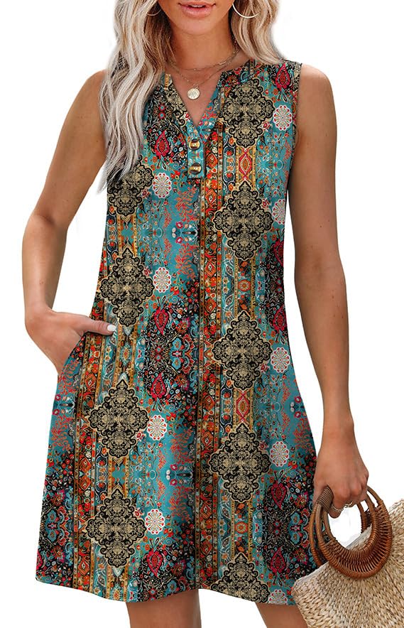Image of XIEERDUO Summer Dresses for Women 2026 Beach Vacation Clothes V Neck Button Sundresses with Pockets
