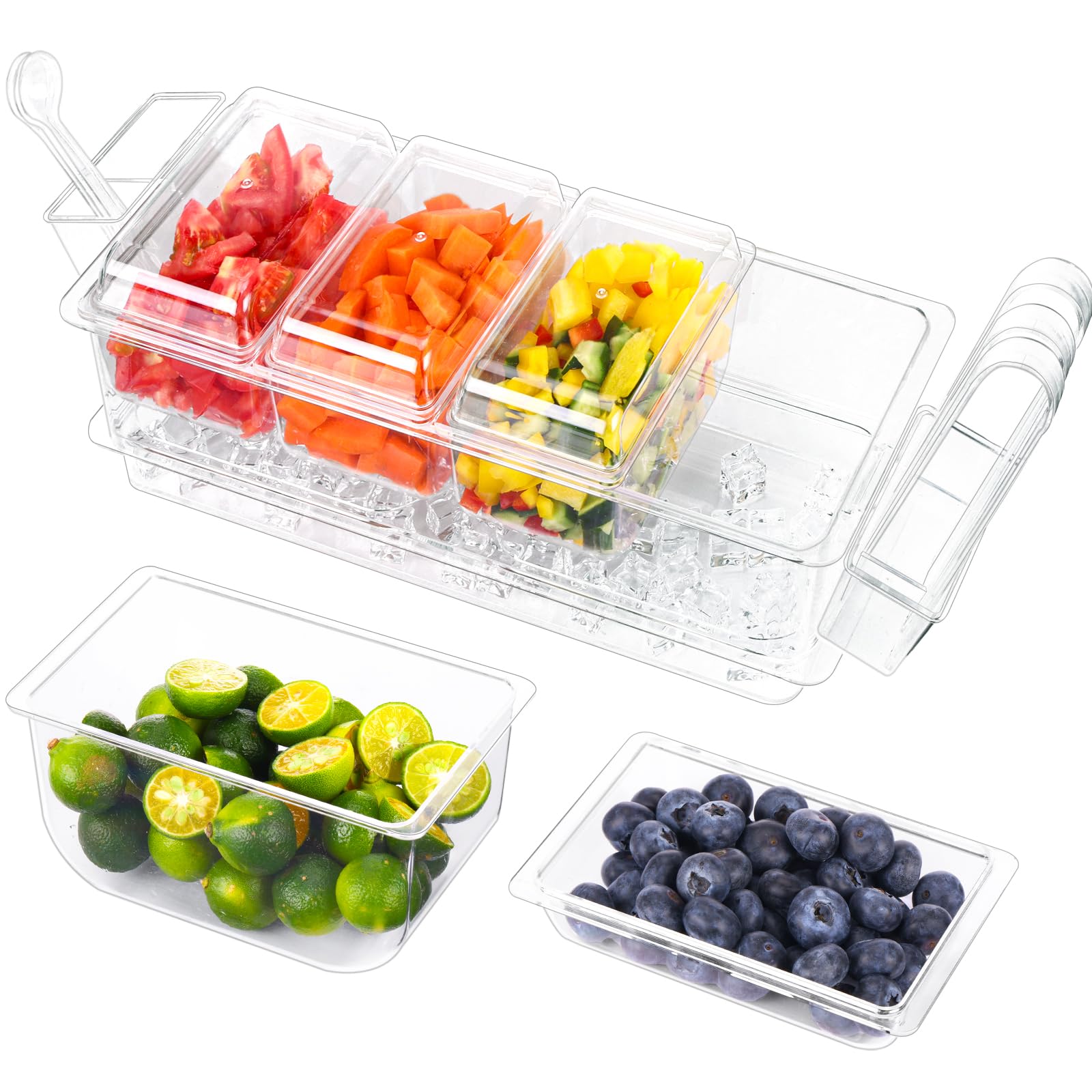 ice chilled condiment organizer with detachable ice box & hanging side bins – ice chilled taco bar serving for parties, fruits, salad – includes tongs, spoons (bpa-free) (4 compartments)