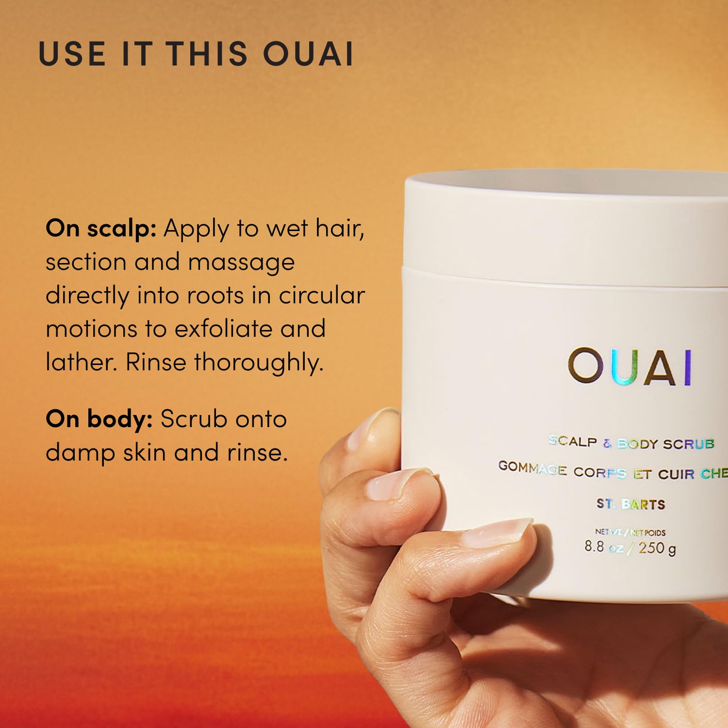 OUAI St. Barts Scalp and Body Scrub, Deep-Cleansing Sugar Scrub for Hair and Skin that Exfoliates and Moisturizes, 8.8 Oz