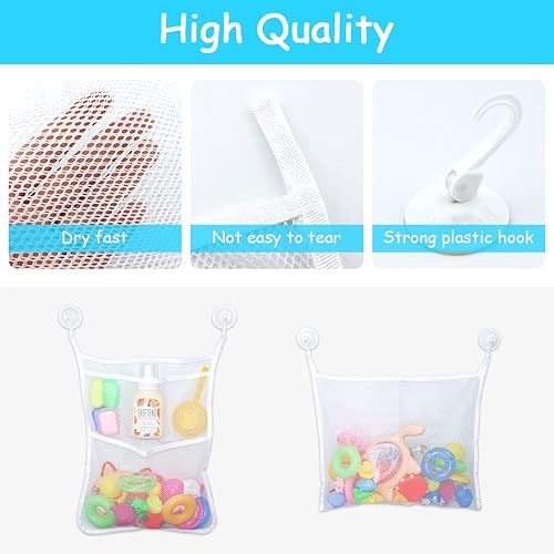 Miniatura 4 de 2 bolsas de malla para juguetes de bañera, organizador de juguetes de baño de 18 x 14 pulgadas, 4 ganchos ultra fuertes, color blanco