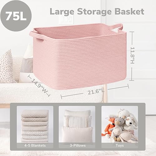 Vista 114 de Goodpick Cesta grande de almacenamiento de juguetes, cestas de cuerda de algodón gris para bebés, niños, cesta de almacenamiento tejida con asa