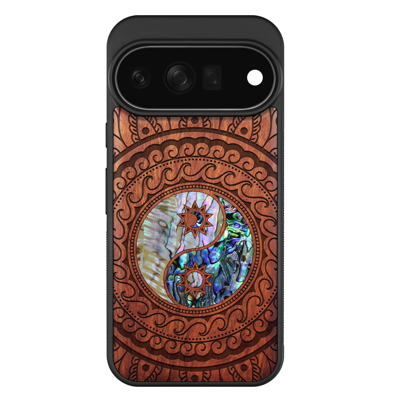 Carveit Madera Funda para Google Pixel 11 Pro (Rosa-Cachemira Yin Yang) | Compatible con MagSafe [Grabado en madera e incrustación de mejillones] Magnética Cover para Pixel 11 Pro Carcasa